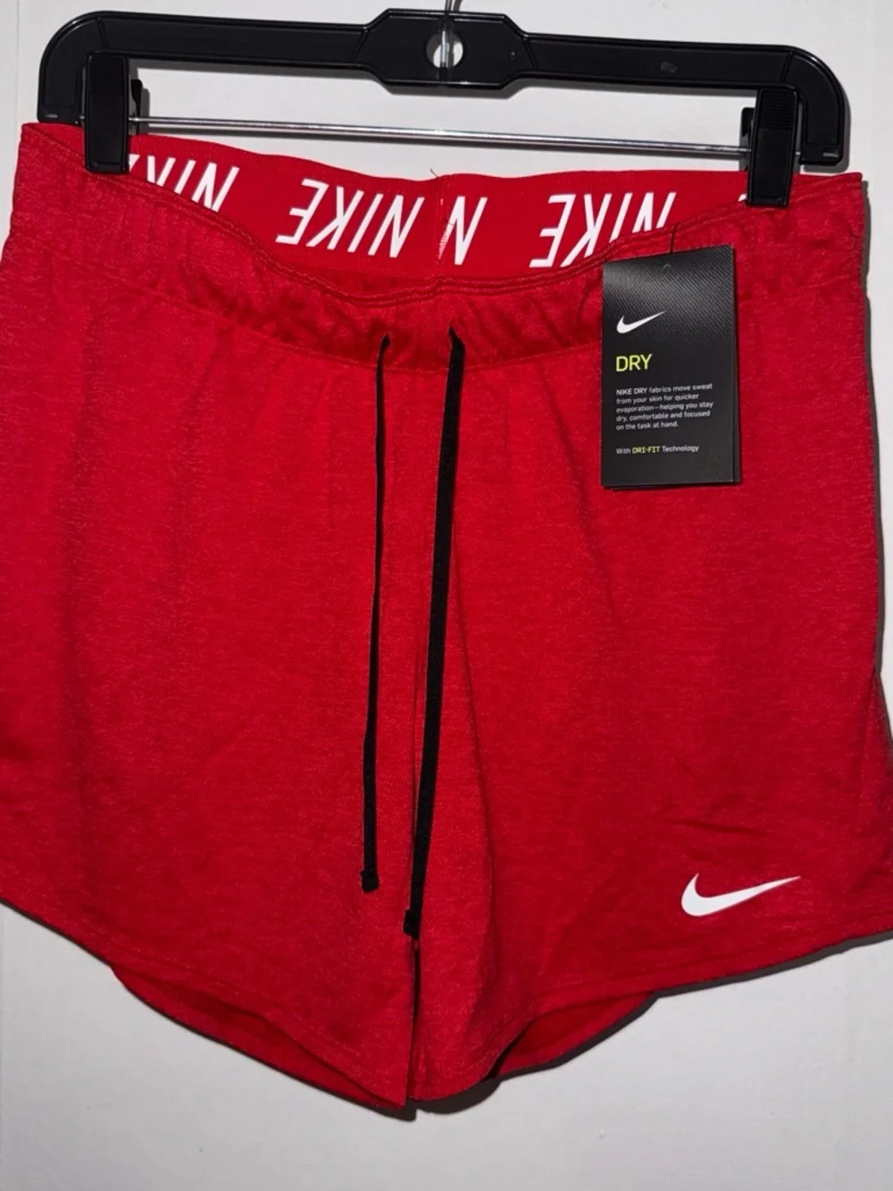 Nike Women's Red Athletic Dri-FIT Shorts with Black Drawstring